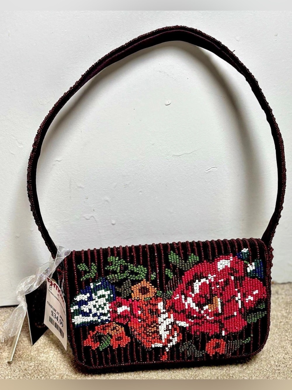 America & Beyond Romantic Dark Floral Rose Beaded Baguette Shoulder Bag NWT